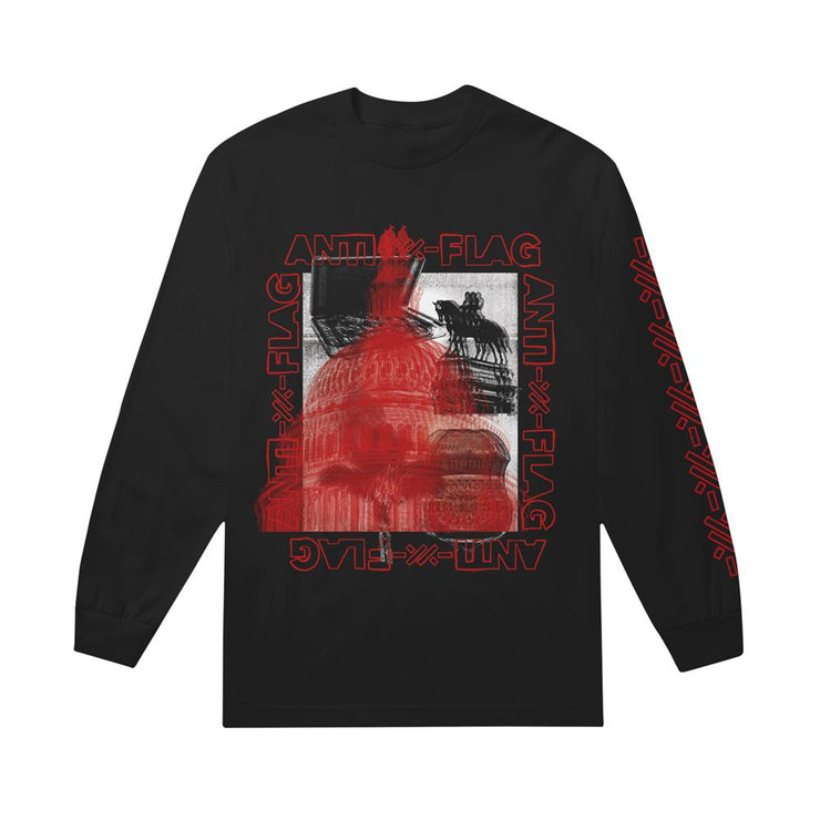 image of a black long sleeve tee shirt on a white background. tee has full body print of the U S capital building with red over it. around that says anti flag. left sleeve has red print