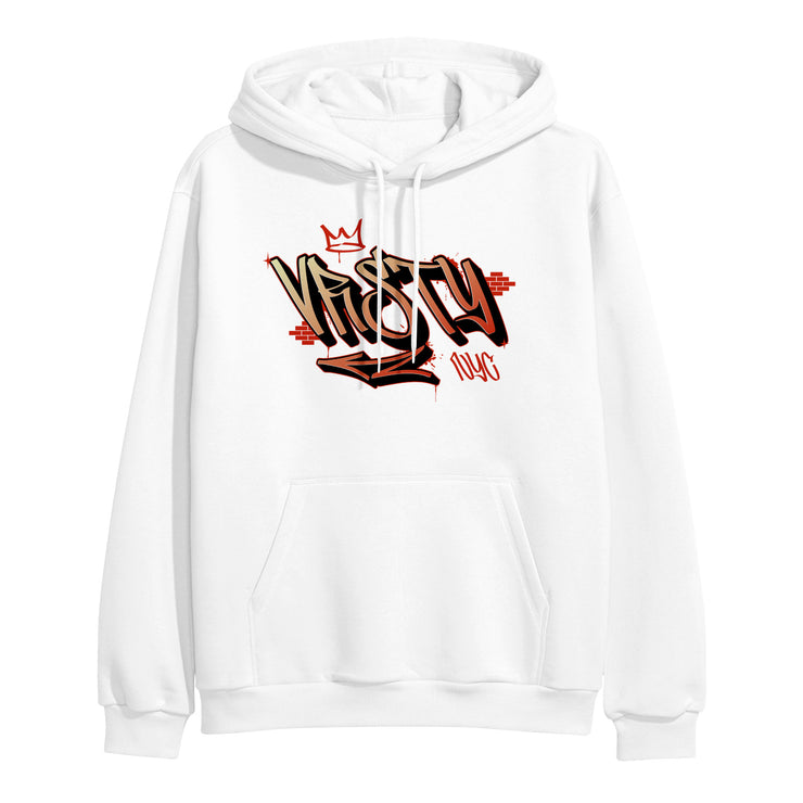 VRSTY white graffiti pullover. front of the pullover has a VRSTY graffiti logo in a red gradient ink. 