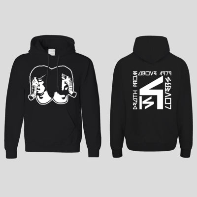 image of the front and back of a black pullover hoodie. front has center white print of two connected heads with elephant trunks. back has full print in white that says death from above