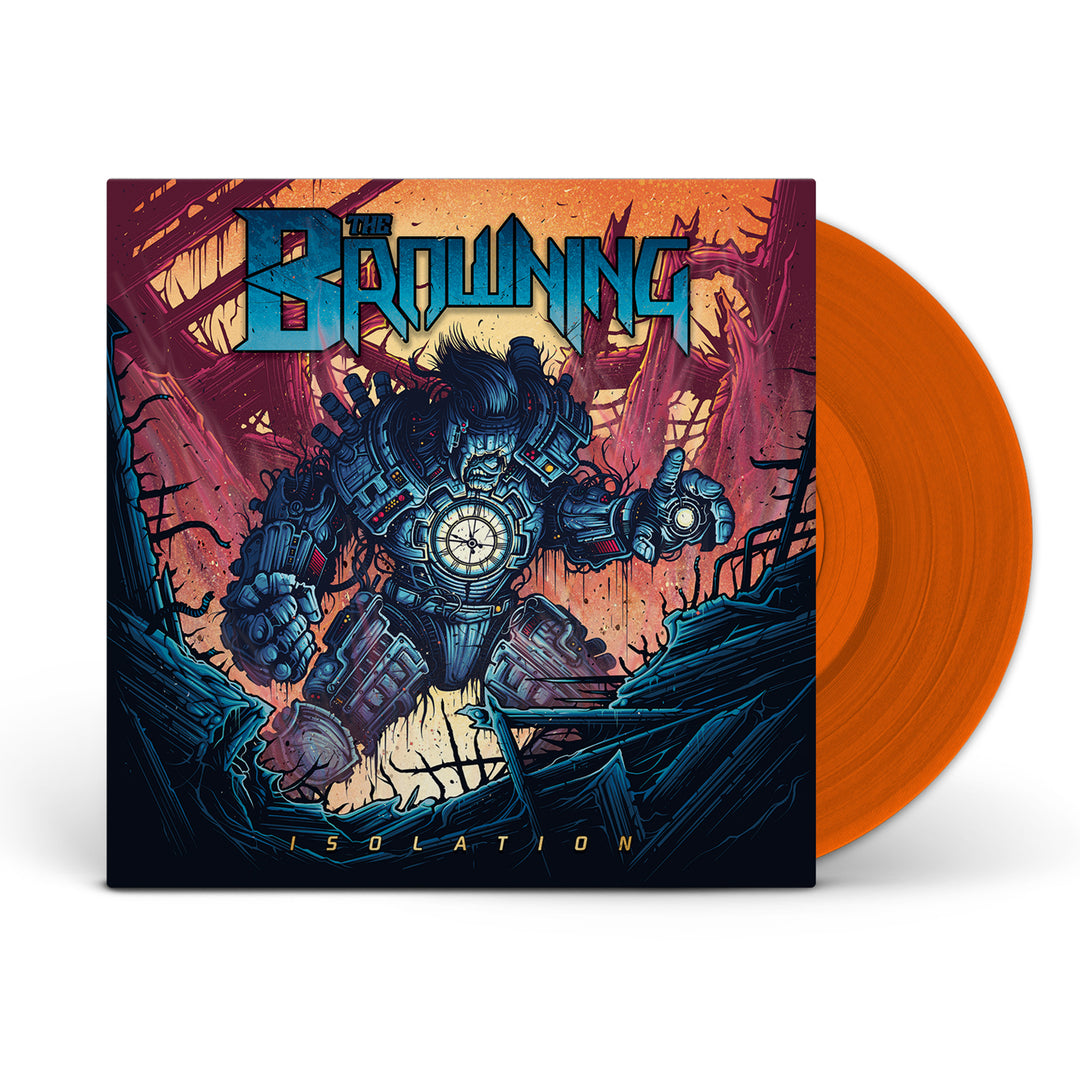 Album cover for "Isolation" by The Browning, showing a massive armored robot with glowing blue accents in a fiery scene, with an orange vinyl partially visible behind the artwork.