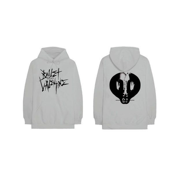 image of the front and back of a grey pullover hoodie. front is on the left and has a center print in black that says bullet for my valentine. back is on the right and has a full back print in black of a skull