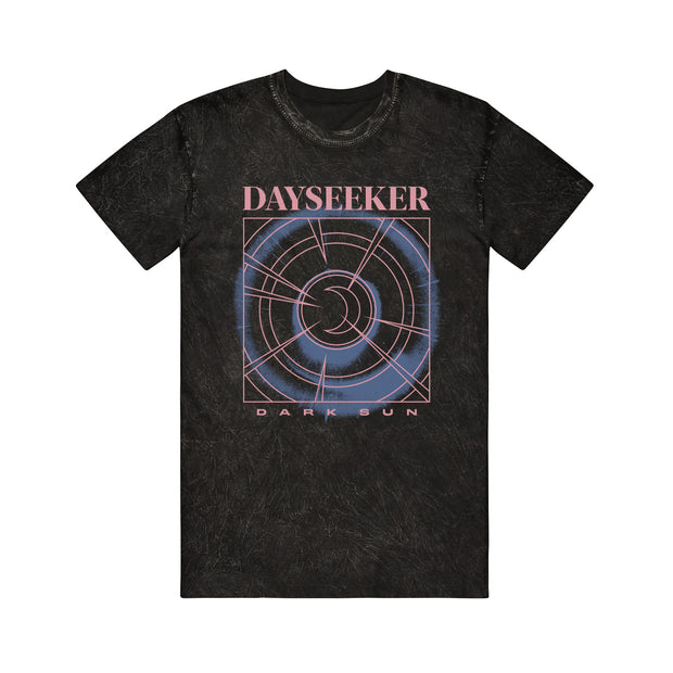 Dayseeker Threshold acid wash t-shirt. a sun and moon image printed inside a square in pink and blue ink. 