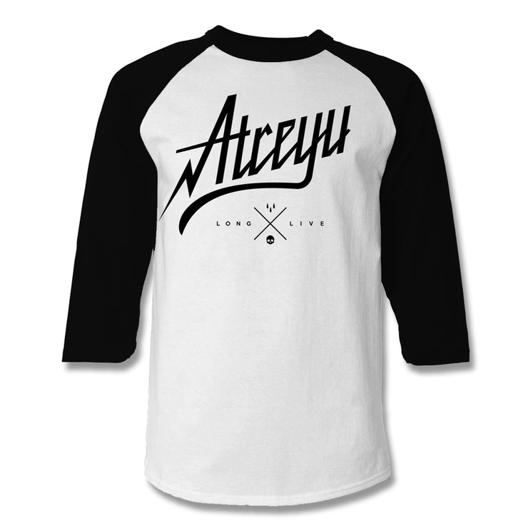 image of a white and black baseball tee shirt on a white background. tee has center print in black that says atreyu