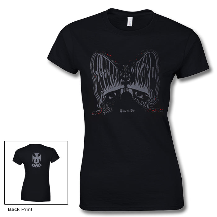image of the front and back of a ladies black tee shirt on a white background. front has a bat face. back has a center print of the numbers 666
