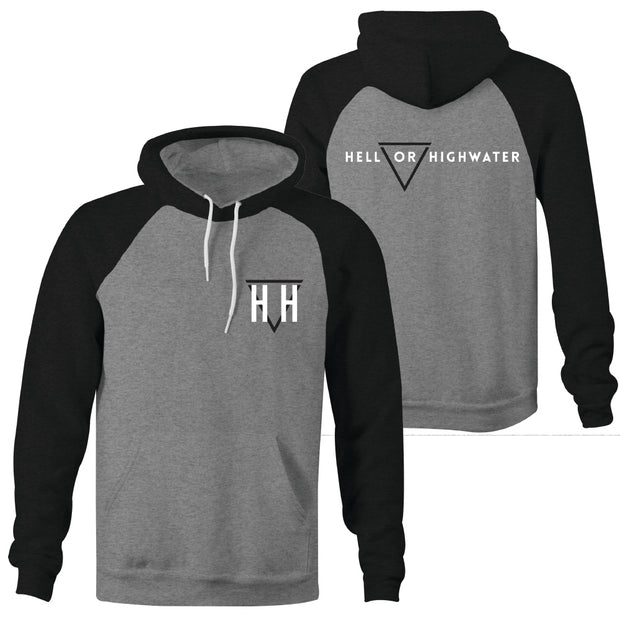 image of the front and back of a Gunmetal Heather/Charcoal Heather Pullover Hoodie. front is on the left and has a right chest print of a black upside down triangle with the letters H H over it in white. the back has a center print across the shoulders that says hell or highwater