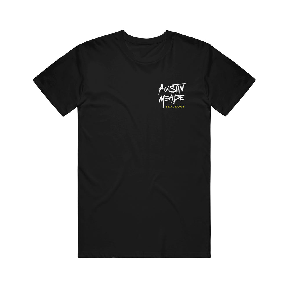 image of the front of a white tee shirt on a white background. small white right chest print that says austin meade