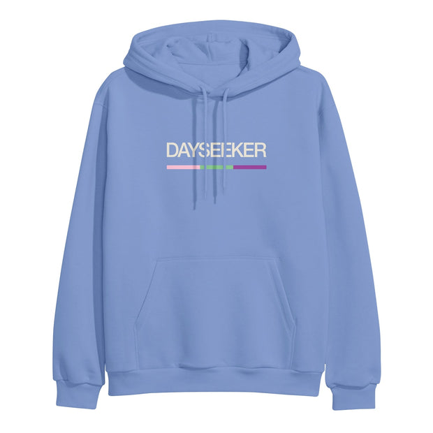 image of the front of a carolina blue pullover hoodie on a white background. hoodie has center chest print that says dayseeker