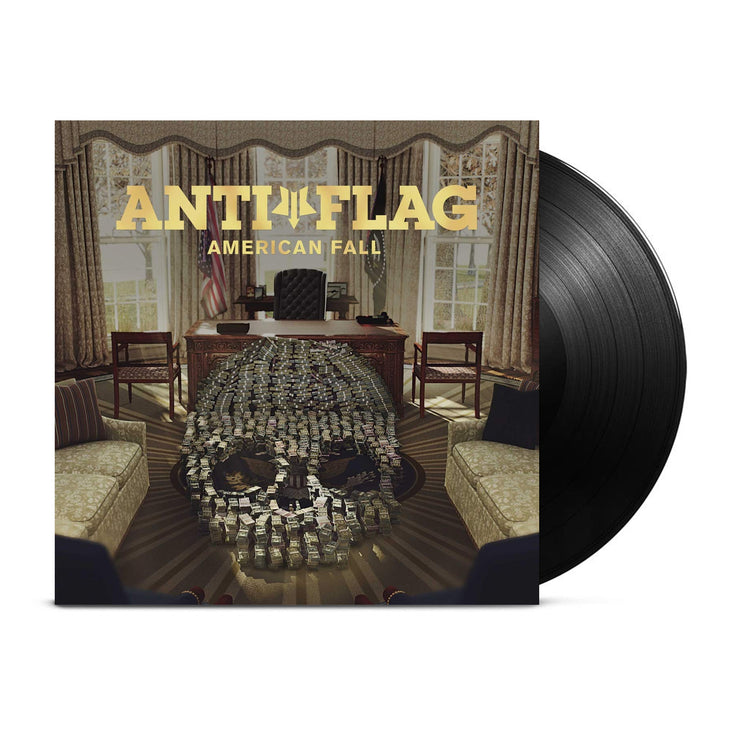 image for the American Fall Black Vinyl. vinyl on the right and cover is on the left of an office with a skull 