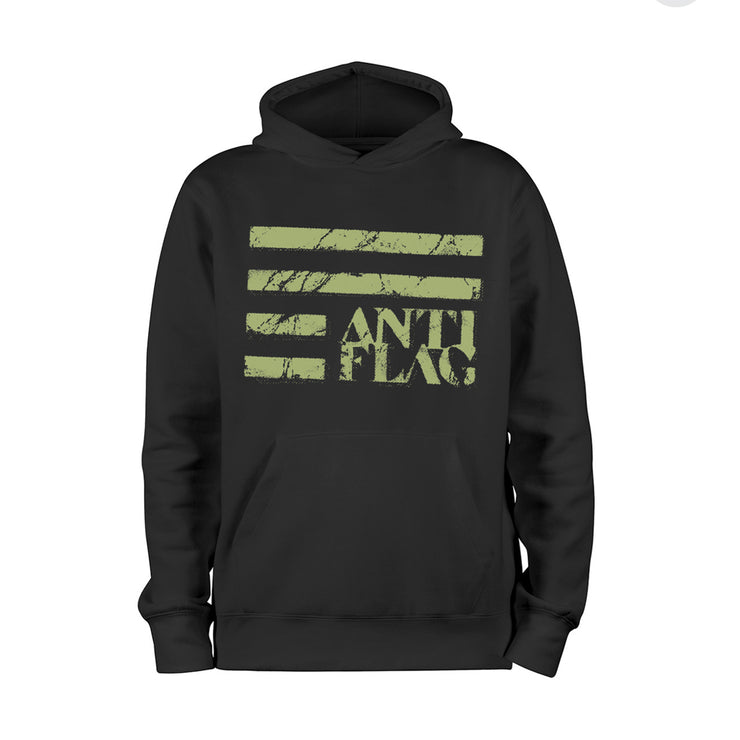image of a black pullover hoodie on a white background. front has center print in green that says anti flag with four rectangles