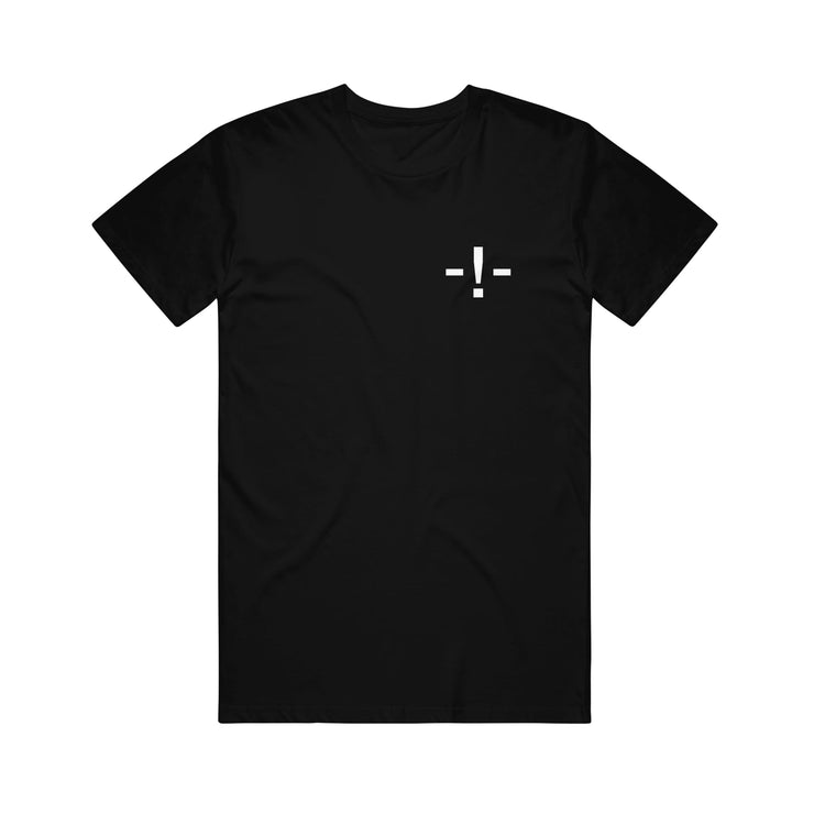 image of the front of a black tee shirt. tee has small right chest print in white of - ! - 