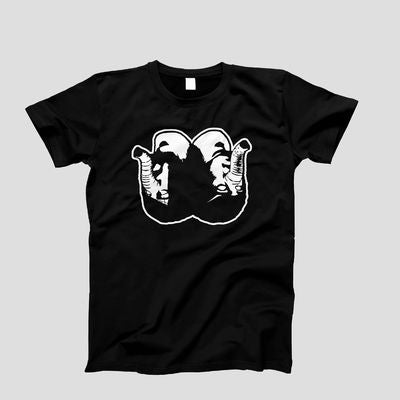 image of a black tee shirt. tee has center print in white of two upside down heads connected with elephant trunks
