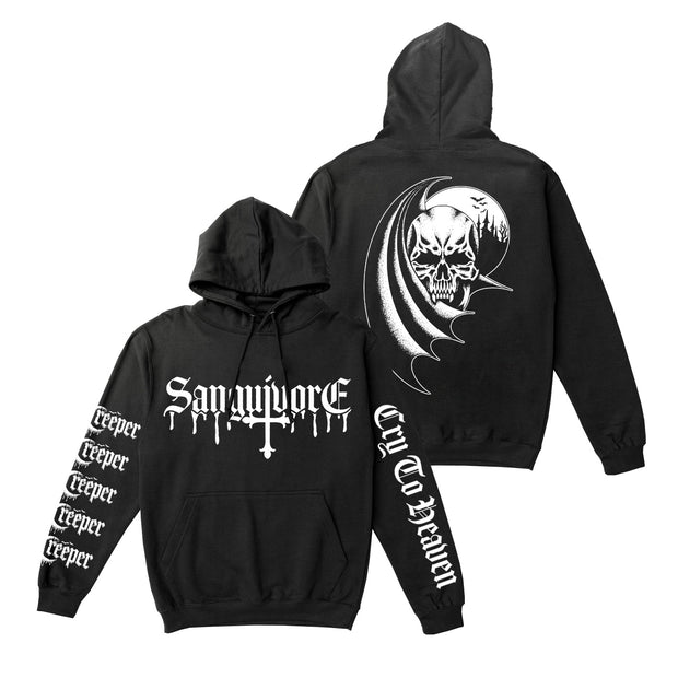 image of the front and back of a black pullover hoodie on a white background. front has white print across the chest that says Sanguivore. each sleeve has a print. left says creeper five times. the right says cry to heaven. the back has a white print of a skull with a devil wing