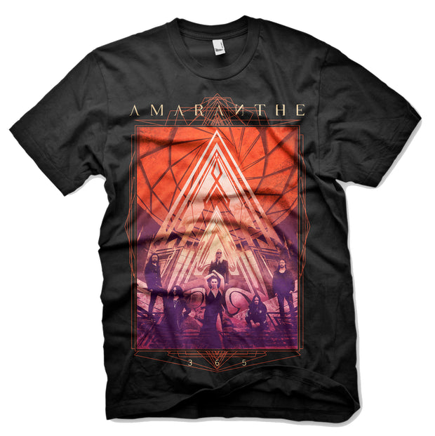 image of a black tee shirt on a white background. tee has full body print that says amaranthe at the top and then an image of the band members in front of a triangle