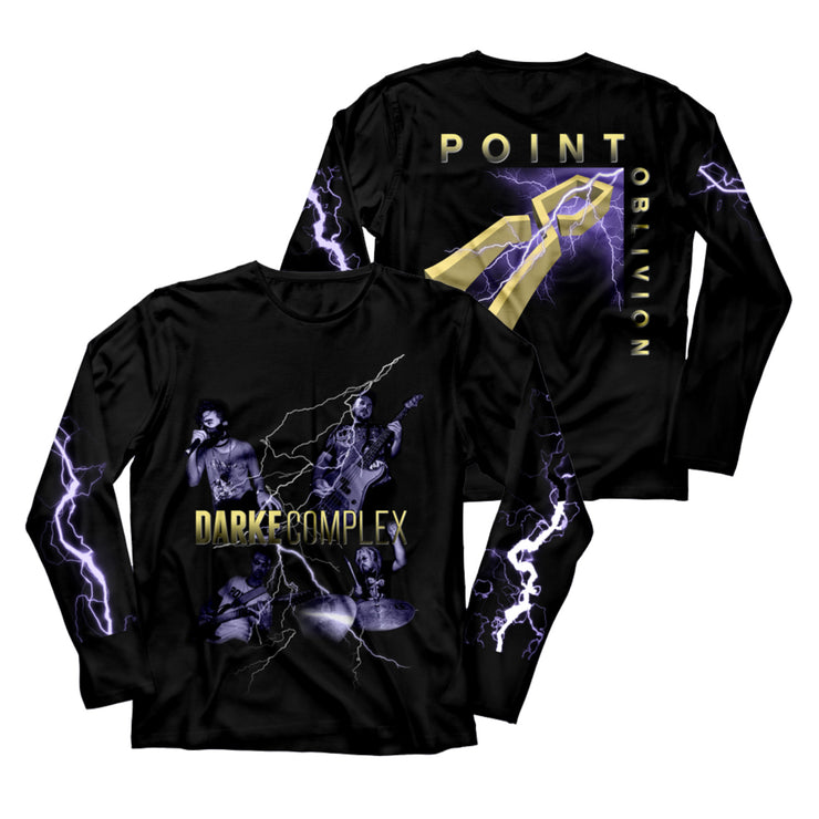 image of the front and back of a black long sleeve shirt on a white background. front says darke complex with lightning bolts. each sleeve has lightning bolts. back has full print that says point oblivion with more lightning bolts