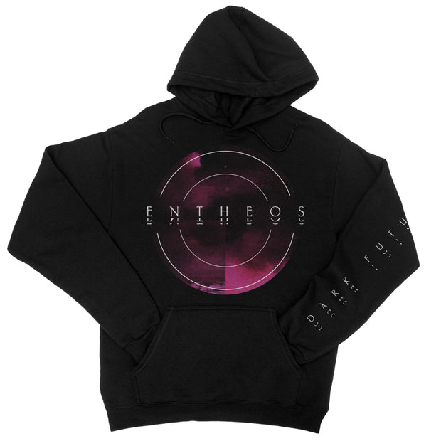 image of the a black pullover hoodie on a white background. center chest print of a pink circle with white test over it that says entheos. right sleeve has white print that says dark future