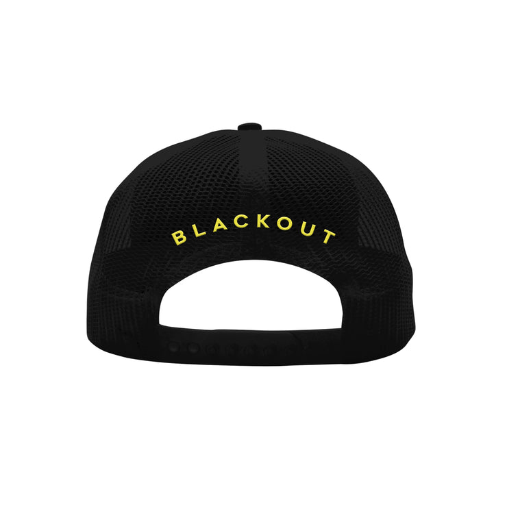 image of the back of a black snapback hat. arched yellow text says blackout