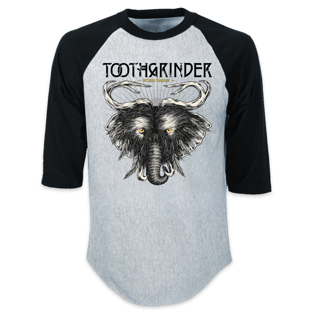 A Toothgrinder raglan shirt with black sleeves and gray body features an illustrated elephant head with large tusks, plus the word TOOTHGRINDER in stylized text above the graphic.
