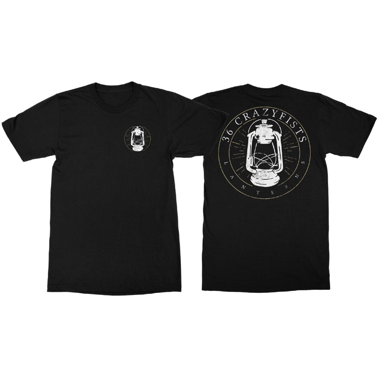 image of a black tee shirt on a white background. front of tee is on the left and has a small right chest print of a lantern. back of the tee is on the right and has a print of a lantern. around the lantern says 36 crazyfists