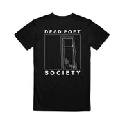 image of the back of a black tee shirt. tee has a print of a window and says dead poet society