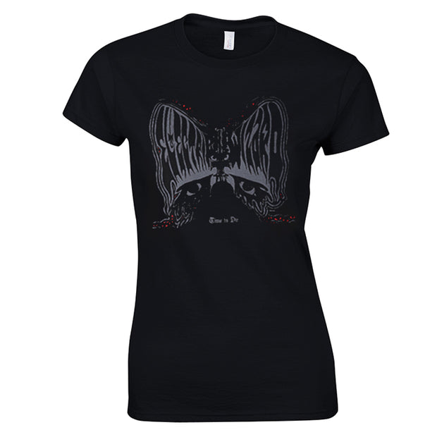 image of the front and back of a ladies black tee shirt. tee has a bat face