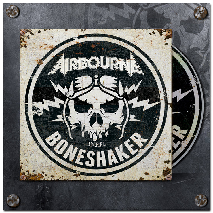 image of a cd. cd is on the right. cover is on the left. cover has a skull with lightning bolts arouns it. at the top says airbourne. the bottom says boneshaker