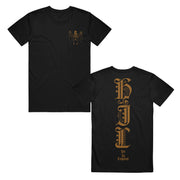 image of the front and back of a black tee shirt on a white background. front is on the left and has a small gold print on the right chest of a dead bat. the back is on the right and has a full print in gold of the letters H I L going down.