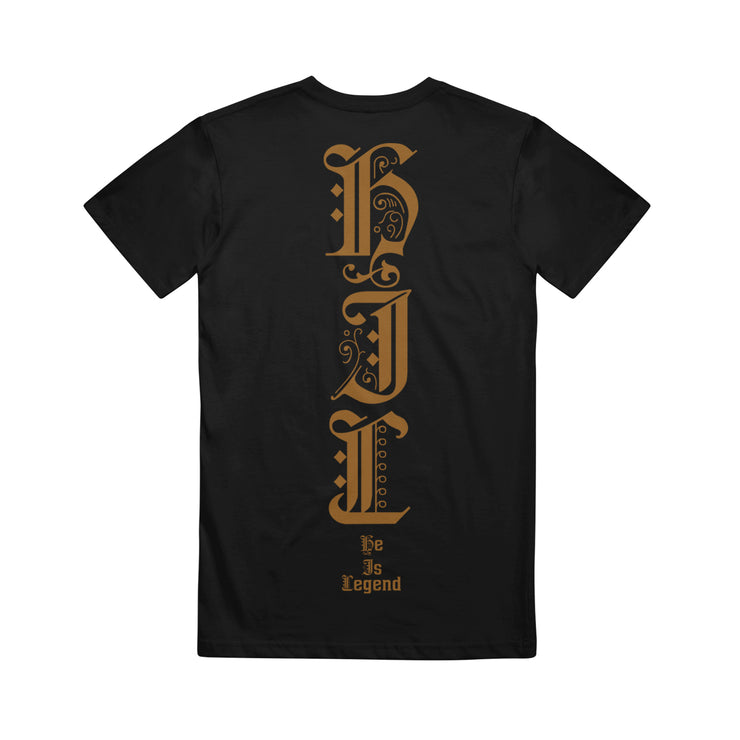 image of the back of a black tee shirt on a white background. tee has a full print in gold of the letters H I L going down.