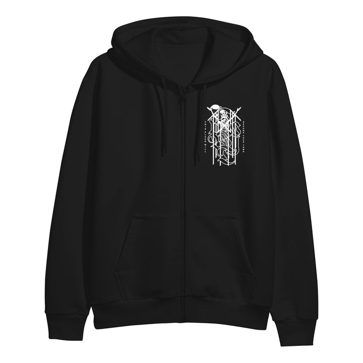 Sleep Token black zip-up hoodie with front pockets, featuring a white, intricate gothic-style graphic on the left chest. Ideal for fans of printed hoodies and quality zip-ups.