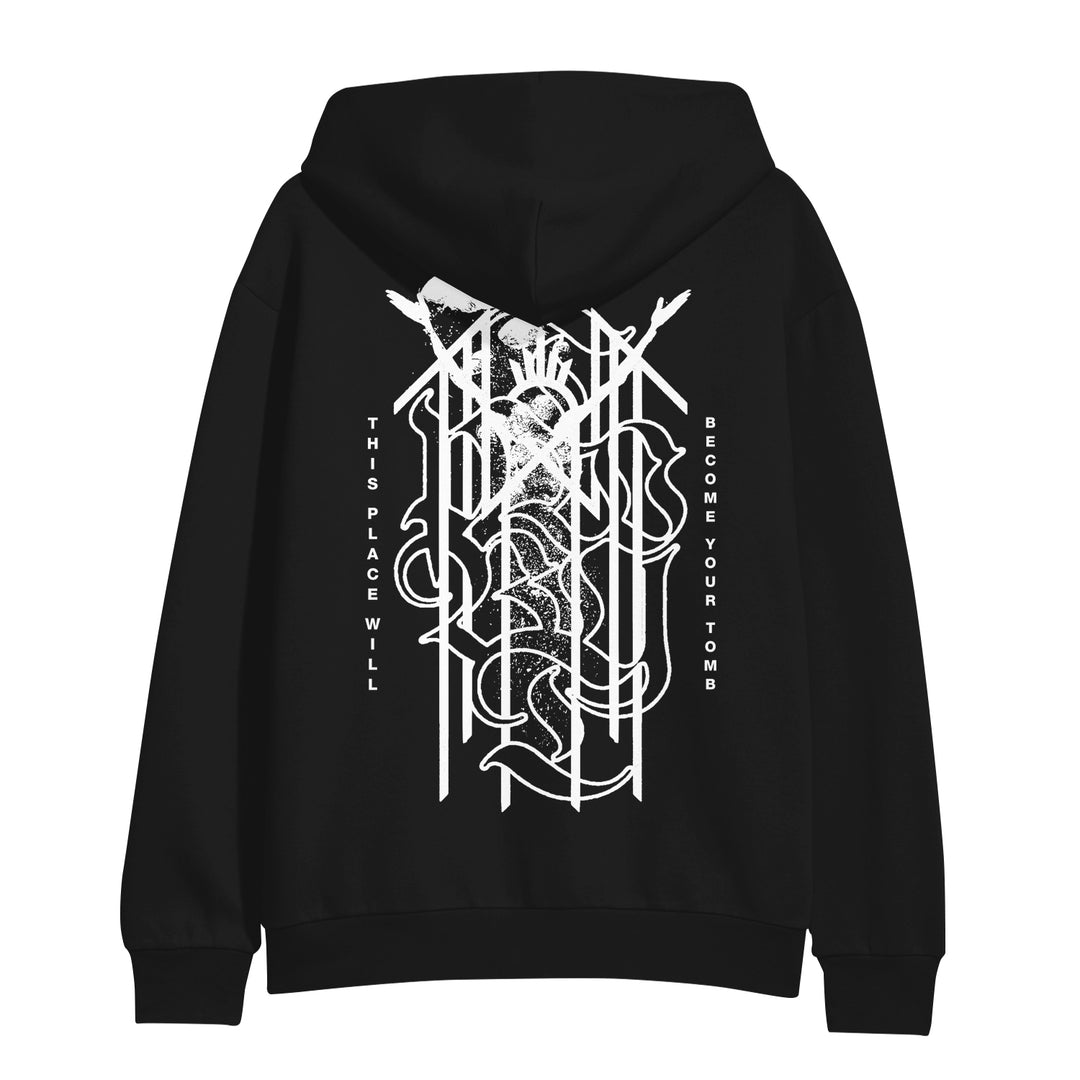 A black Sleep Token Gildan hoodie with an intricate white abstract design on the back, featuring THIS PLACE WILL BECOME YOUR TOMB arranged vertically beside the central artwork—a must-have for fans of unique printed hoodies.