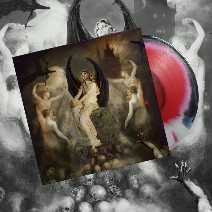 image for the Sanguivore - Black, Red & White Swirl Vinyl LP. cover has angels on it, one with devil wings