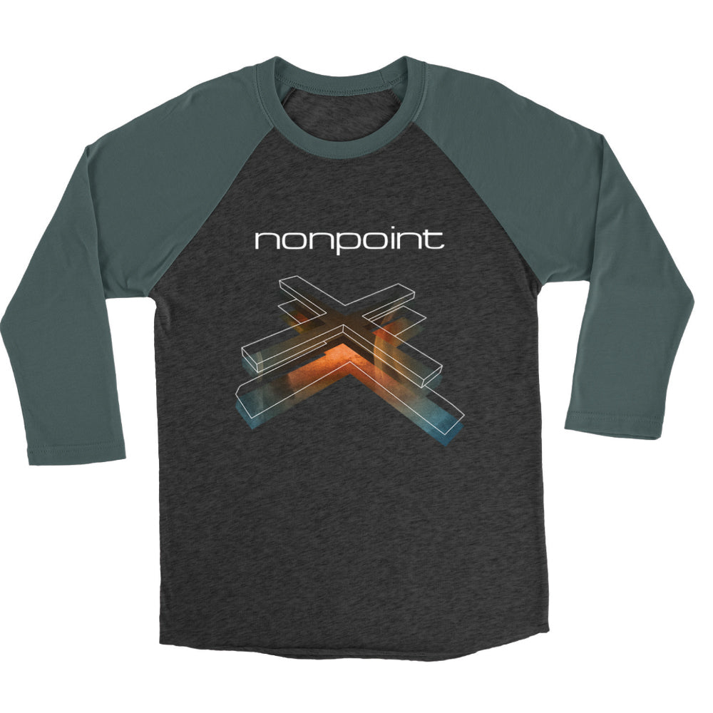 A long-sleeved baseball t-shirt with heather grey and forest green colors, featuring the 'nonpoint' band name and a geometric cross design in the front.
