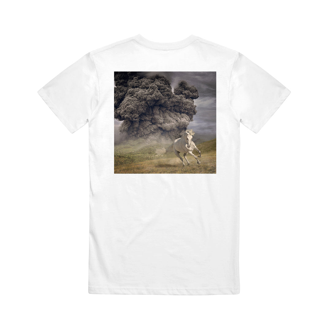 The White Buffalo classic-fit white t-shirt, made from 100% Gildan Heavy Cotton, showcases a large print of a horse running on grass with a huge dark smoke cloud in the background.
