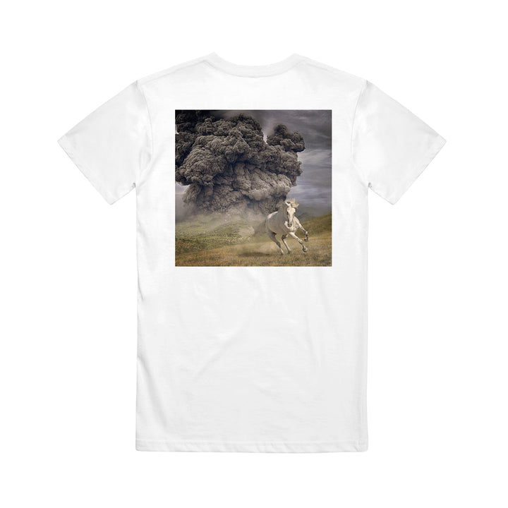 The White Buffalo classic-fit white t-shirt, made from 100% Gildan Heavy Cotton, showcases a large print of a horse running on grass with a huge dark smoke cloud in the background.