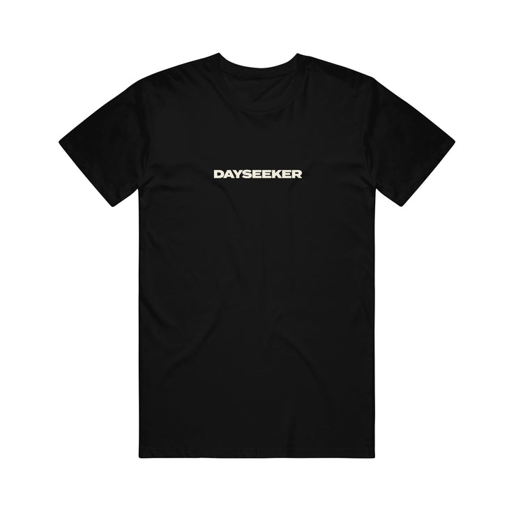 image of the Botanical Black T-Shirt. white print across the chest that says dayseeker