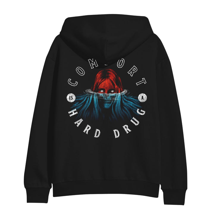 image of the back of a black zip up hoodie on a white background. center back print has a face half in water. around that says comfort hard drug
