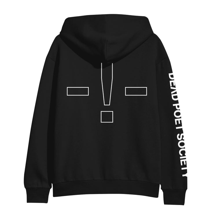 image of the back of a black pullover hoodie. hoodie  has full print in white of - ! -