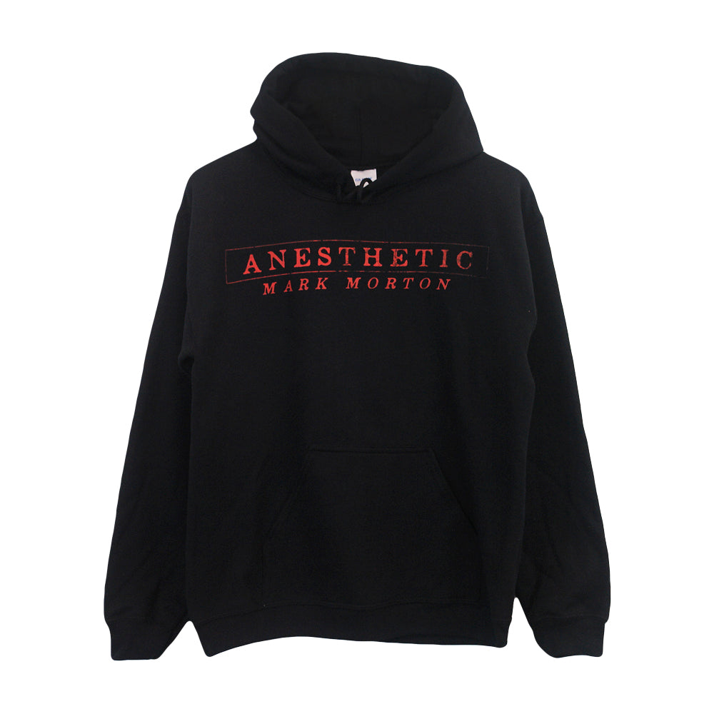Black pullover hoodie with 'ANESTHETIC MARK MORTON' text in red on the front.