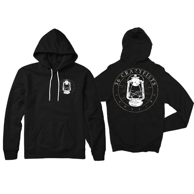 image of a black pullover hooded sweatshirt on a white background. front of hoodie is on the left and has a small right chest print of a lantern. back of hoodie is on the right and has a print of a lantern. around the lantern says 36 crazyfists
