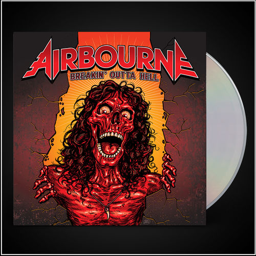 image of a cd on a black background. cd is on the right and album cover is on the left. cover says airbourne at the top, breakin' outta hell below. image of a man with no skin and curly hair is breaking out of a wall