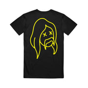 image of the back of a black tee shirt on a white background. full print in yellow of a long haired man with a mustache and two X's for eyes