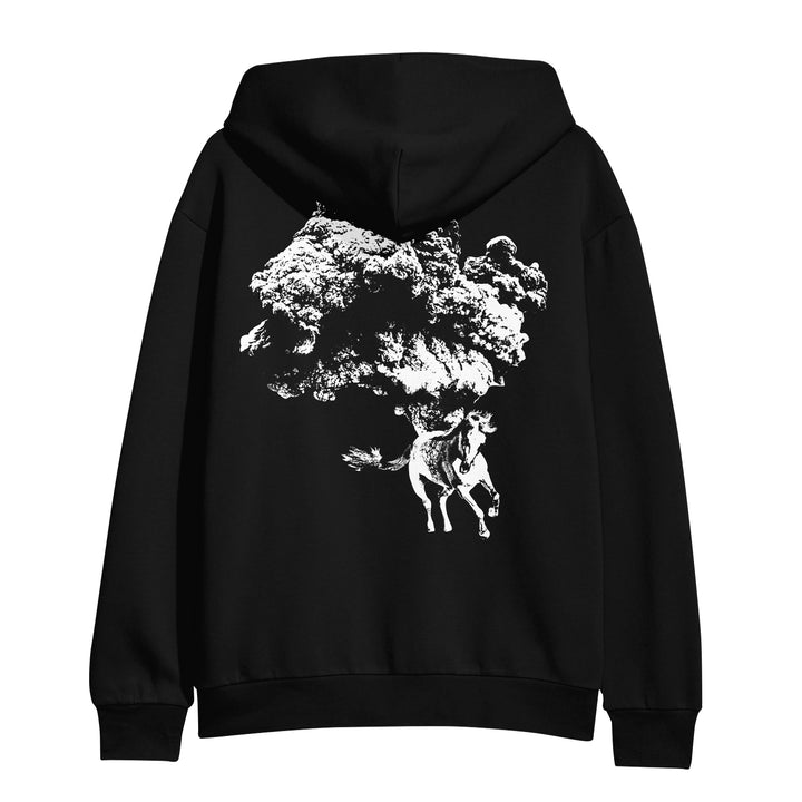 The White Buffalo black hoodie featuring a white graphic on the back of a horse running with a large cloud or explosion emerging from its back.