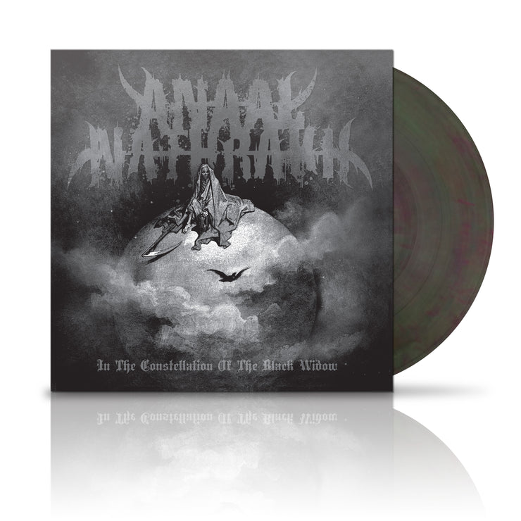 image of a grey and green marble vinyl record. vinyl is on the right, cover is on the left. at the top says  Anaal Nathrakh, at the botto says In The Constellation Of The Black Widow. there is a moon with a cloaked person on top in the center