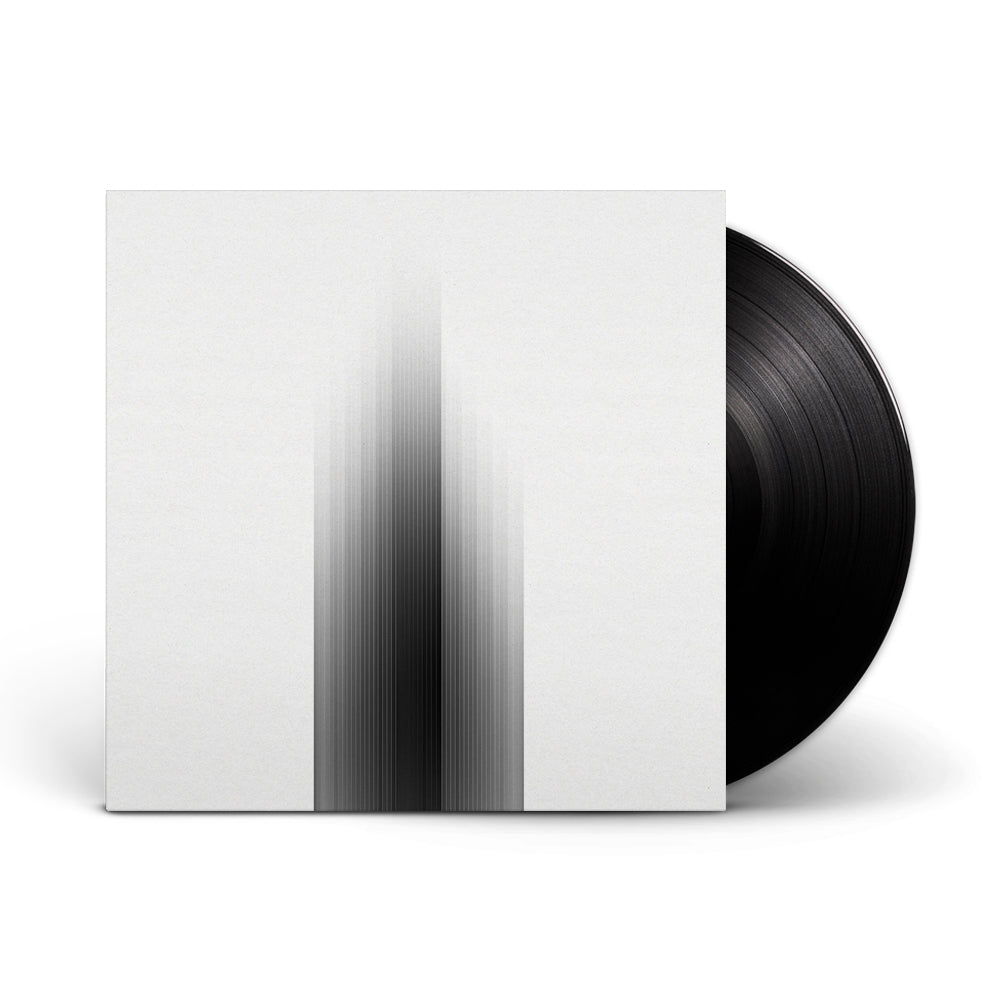 A black vinyl record by Sleep Token slides from a white sleeve with minimalist vertical black lines fading upward, hinting at the tracklist featuring songs like Blood Sport and The Night Does Not Belong To God.