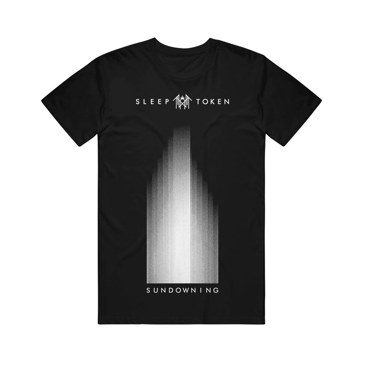 image of the front of a black tee shirt on a white background. tee has full body print in white. at the top says sleep token and then a faded white image. at the bottom says sundowning