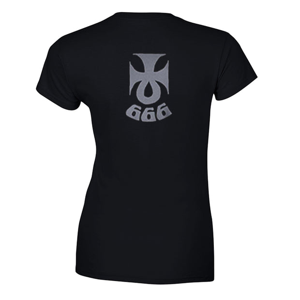 image of the back of a ladies black tee shirt on a white background. te  has a center print of the numbers 666