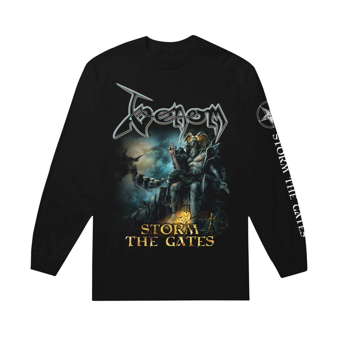 The Venom black long-sleeve shirt showcases fantasy art of a sword-wielding warrior on a beast, “Venom” above, “Storm the Gates” below, and “Storm the Gates” plus a circular emblem along the sleeve.