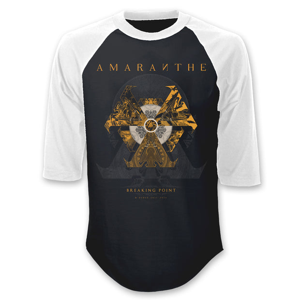 image of a black and white baseball tee shirt on a white background. front has full print that says amaranthe across the top with three connected triangles in the center. across the bottom says breaking point