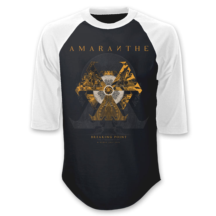 image of a black and white baseball tee shirt on a white background. front has full print that says amaranthe across the top with three connected triangles in the center. across the bottom says breaking point