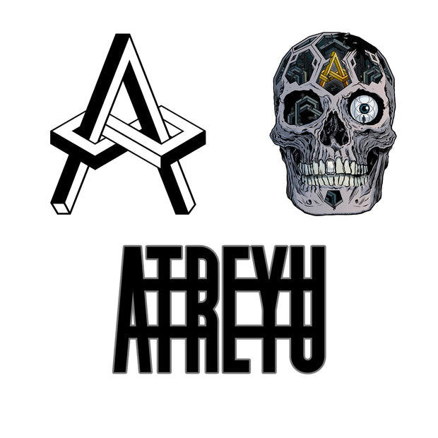 image of three enamel pins on a white background. one pin is the letter A, one is a one eyed skull, and one says atreyu