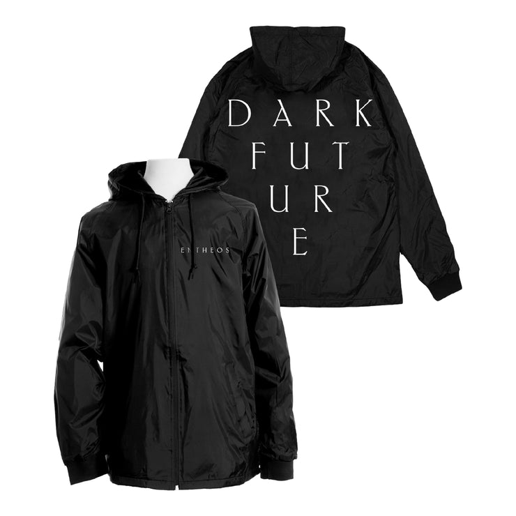 image of the front and back of a black windbreaker jacket on a white background. front has small white right chest print that says Entheos. back has full print in white that says dark future